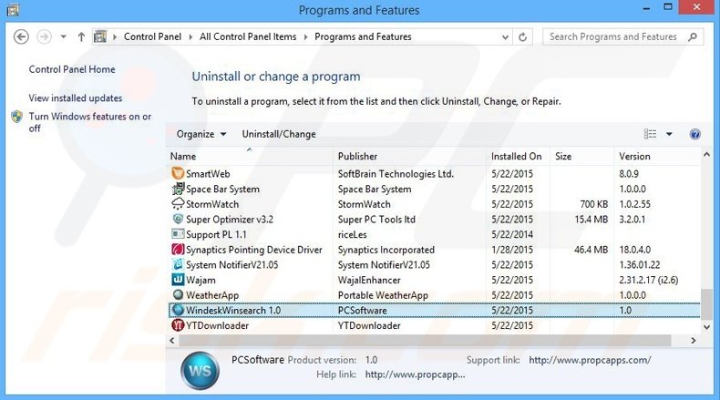 Windesk Winsearch adware uninstall via Control Panel