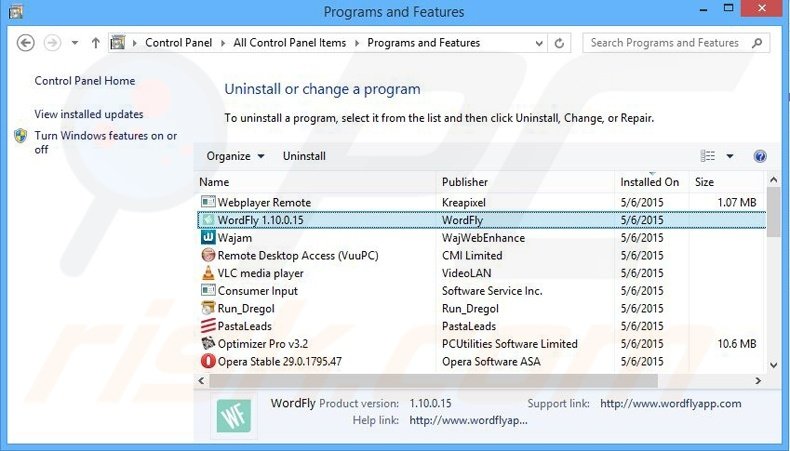 WordFly adware uninstall via Control Panel