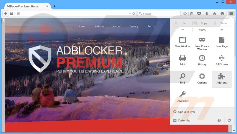 Removing AdBlockerPremium ads from Mozilla Firefox step 1