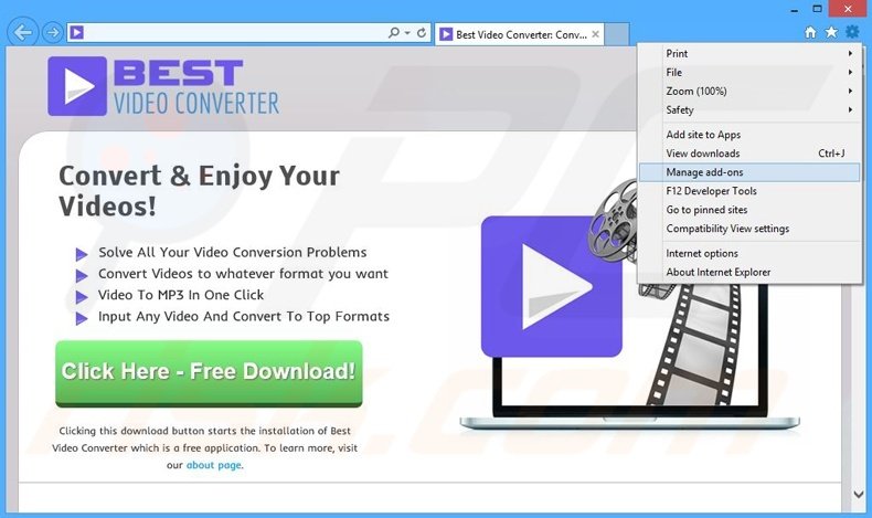 Removing BestVideoConverter ads from Internet Explorer step 1