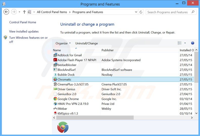 Chromatic adware uninstall via Control Panel