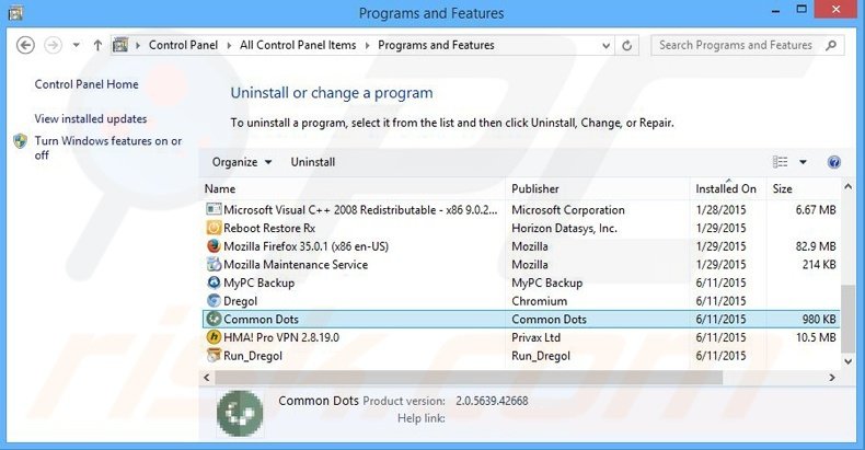 Common Dots adware uninstall via Control Panel