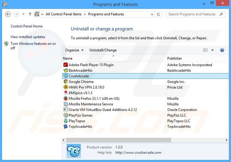 CrushArcade adware uninstall via Control Panel