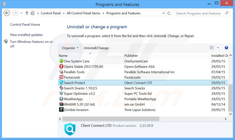 search protect uninstall via Control Panel