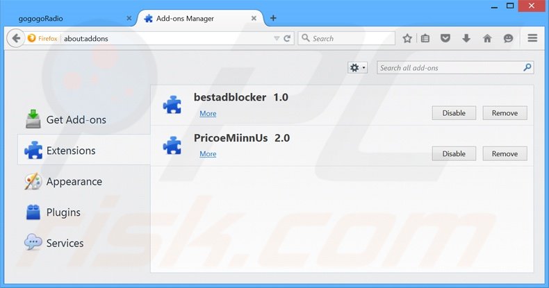 Removing GoGoGoRadio ads from Mozilla Firefox step 2