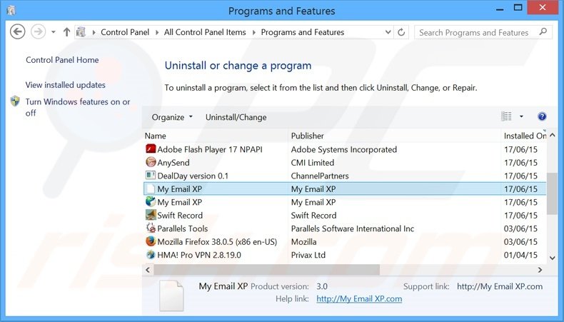 search.myemailxp.com browser hijacker uninstall via Control Panel