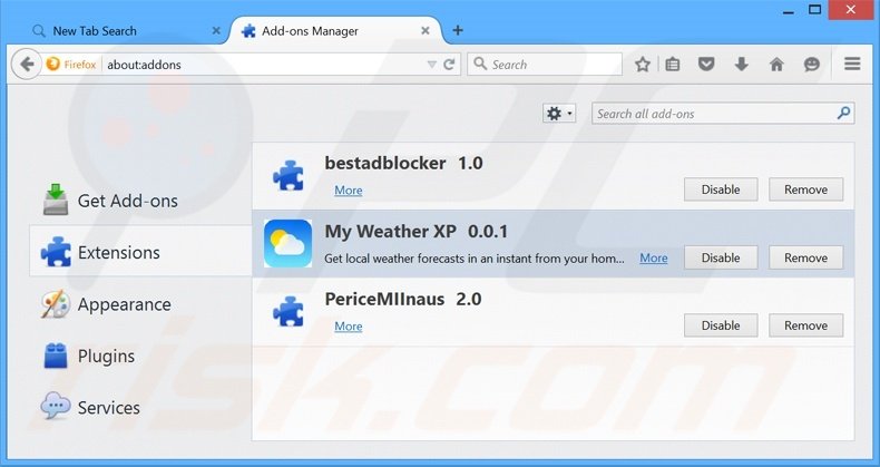 Removing search.myweatherxp.com related Mozilla Firefox extensions