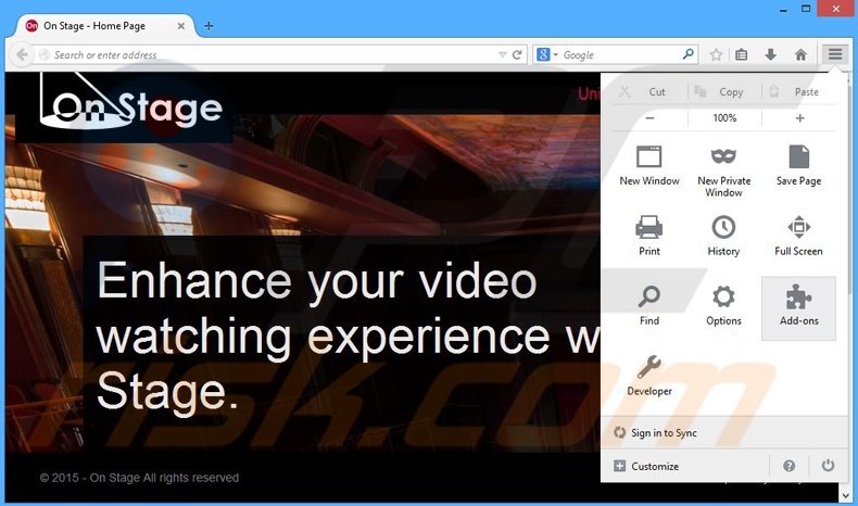Removing On Stage ads from Mozilla Firefox step 1