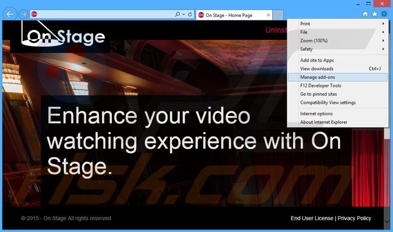 Removing On Stage ads from Internet Explorer step 1