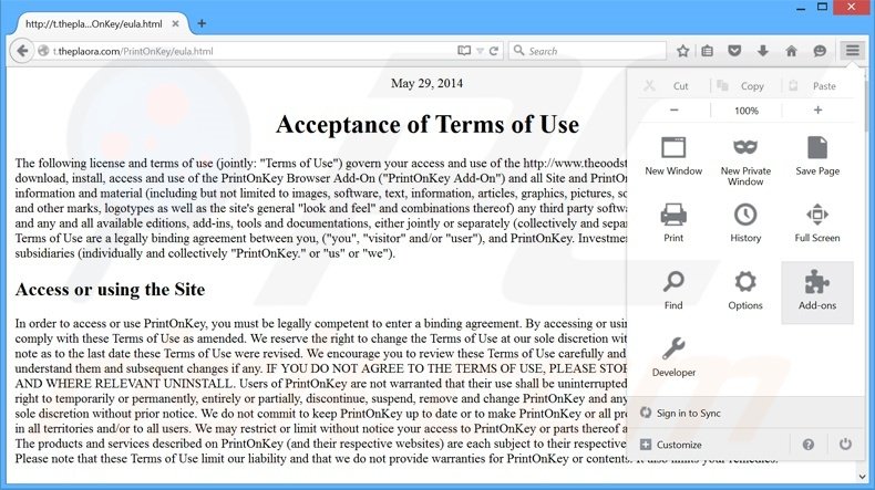Removing PrintOnKey ads from Mozilla Firefox step 1