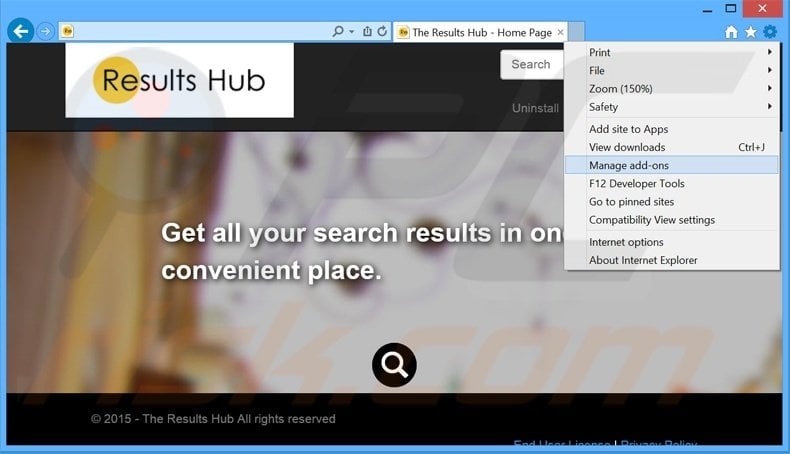 Removing The Results Hub ads from Internet Explorer step 1