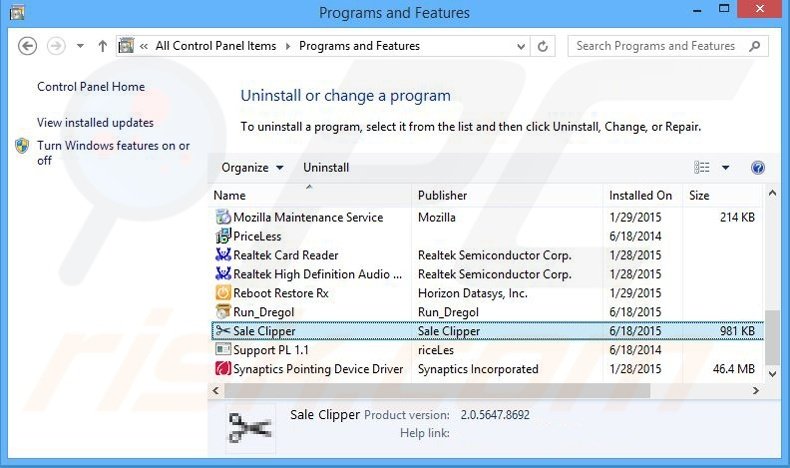 Sale Clipper adware uninstall via Control Panel