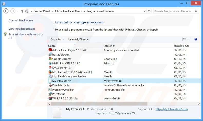 search.myinterestsxp.com browser hijacker uninstall via Control Panel