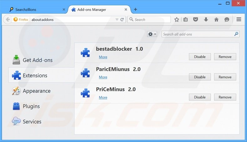 Removing searchzillions.com related Mozilla Firefox extensions