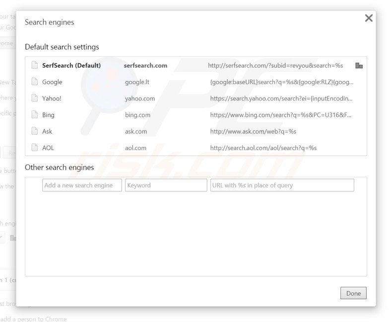 Removing serfsearch.com from Google Chrome default search engine