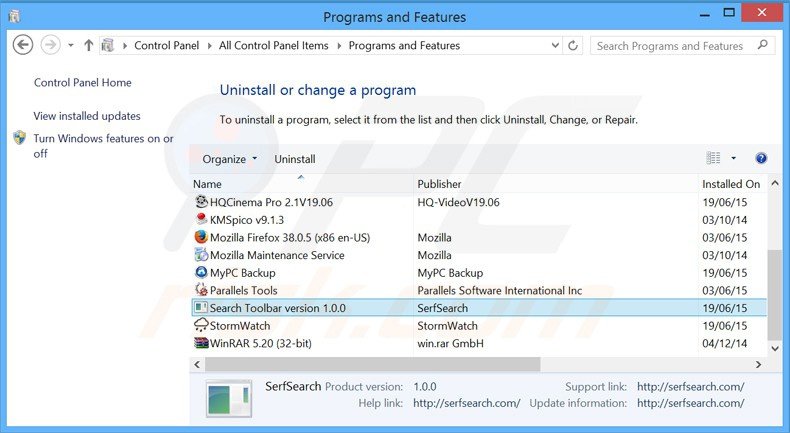 serfsearch.com browser hijacker uninstall via Control Panel