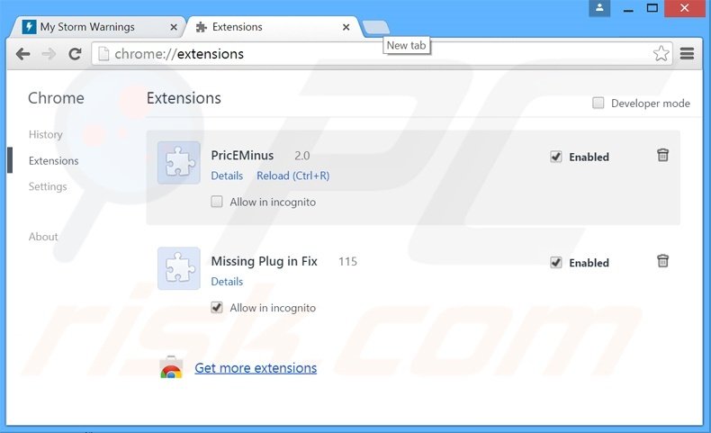 Removing Storm Warnings ads from Google Chrome step 2