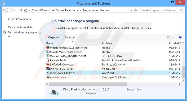 wordshark adware uninstall via Control Panel