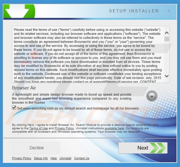 Deceptive installation setup used to distribute BrowserAir adware