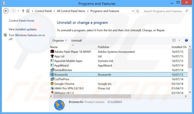 BrowserAir adware uninstall via Control Panel