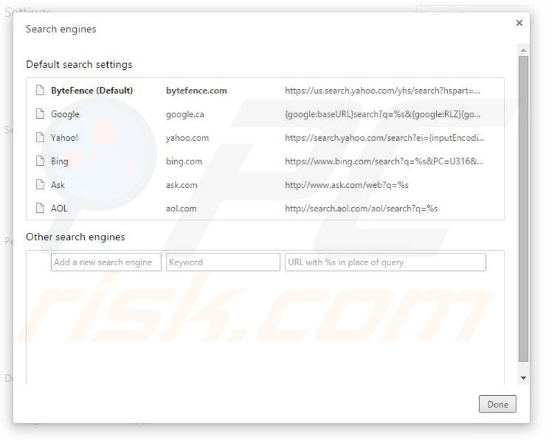 Removing ByteFence from Google Chrome default search engine