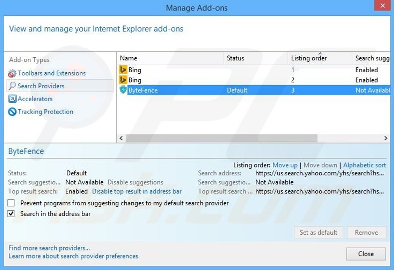 Removing ByteFence from Internet Explorer default search engine