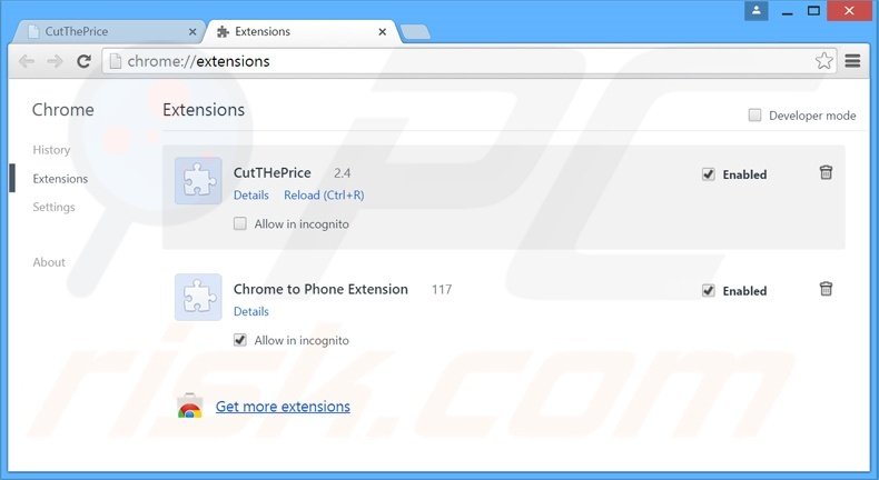 Removing CutThePrice ads from Google Chrome step 2