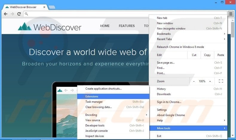 Removing WebDiscover ads from Google Chrome step 1