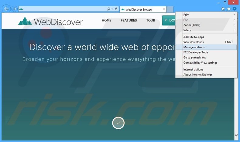 Removing WebDiscover ads from Internet Explorer step 1