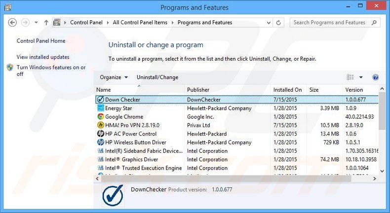 Down Checker adware uninstall via Control Panel