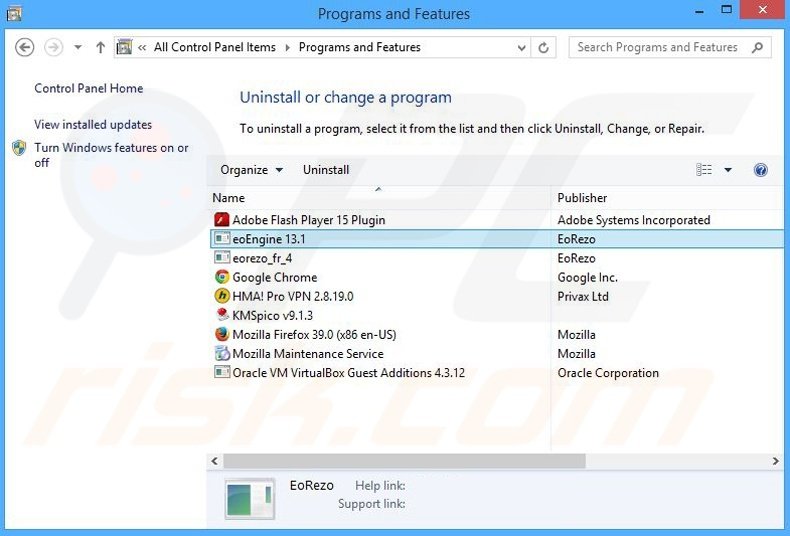 eoRezo adware uninstall via Control Panel