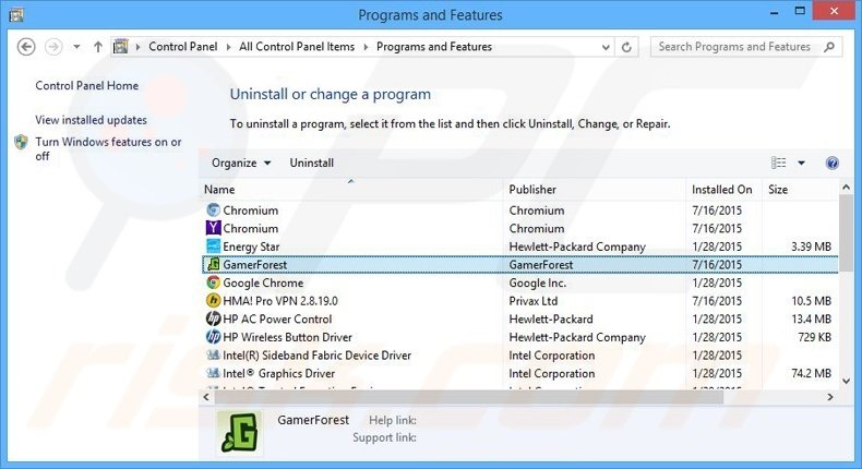 GamerForest adware uninstall via Control Panel