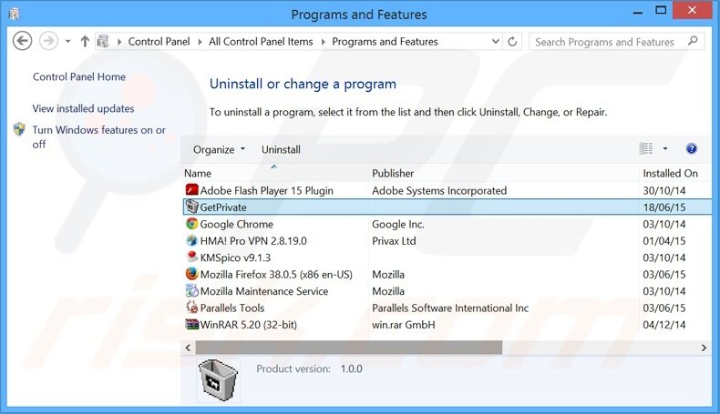 GetPrivate adware uninstall via Control Panel