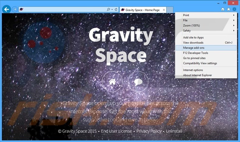 Removing Gravity Space ads from Internet Explorer step 1