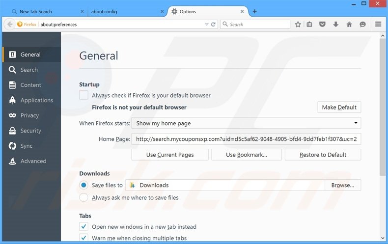 Removing search.mycouponsxp.com from Mozilla Firefox homepage