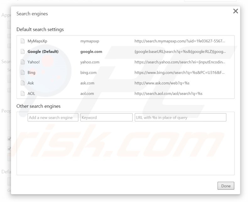 Removing search.mymapsxp.com from Google Chrome default search engine