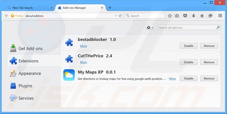 Removing search.mymapsxp.com related Mozilla Firefox extensions