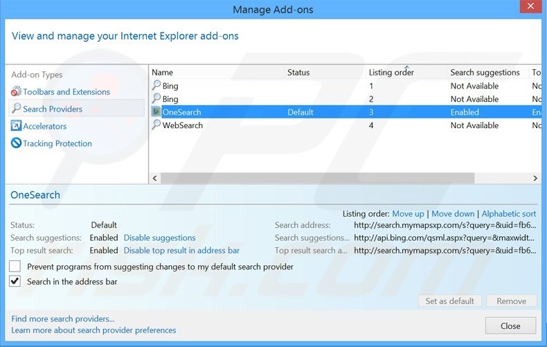 Removing search.mymapsxp.com from Internet Explorer default search engine