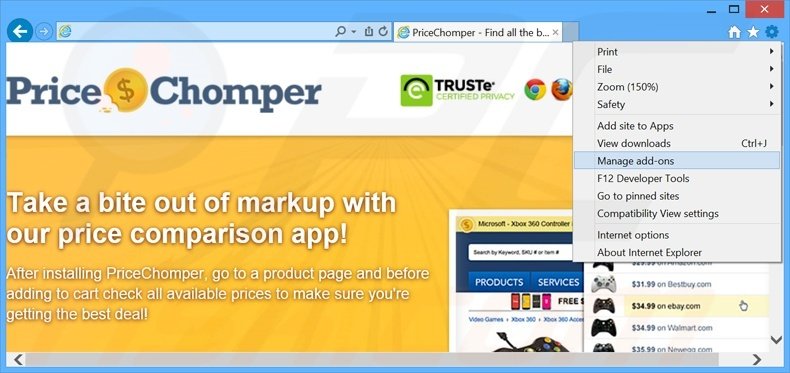 Removing PriceChomper ads from Internet Explorer step 1