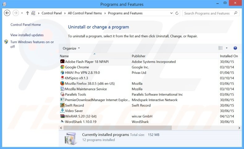 Provider adware uninstall via Control Panel