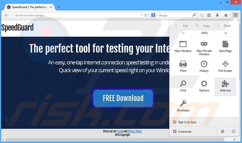 Removing SpeedGuard ads from Mozilla Firefox step 1