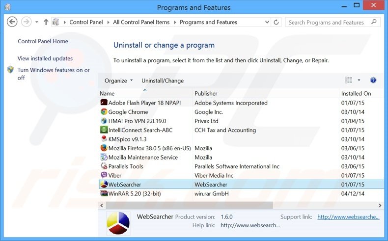 WebSearcher adware uninstall via Control Panel