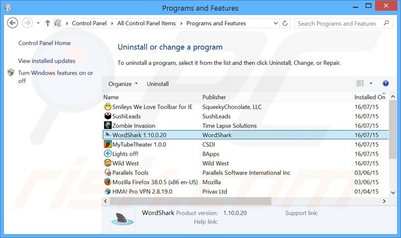 Word Surfer adware uninstall via Control Panel