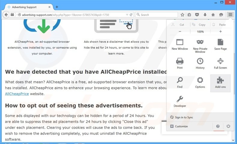 Removing Ads Remover ads from Mozilla Firefox step 1