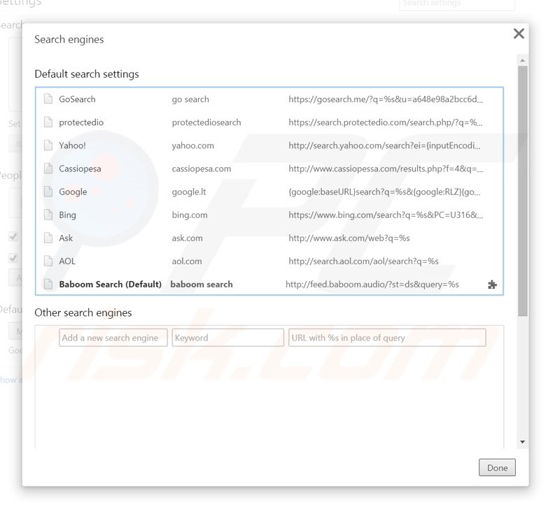 Removing baboom.audio from Google Chrome default search engine