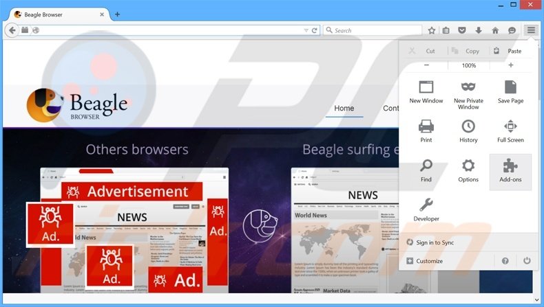Removing BeagleBrowser ads from Mozilla Firefox step 1