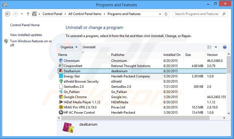 dealbarium adware uninstall via Control Panel