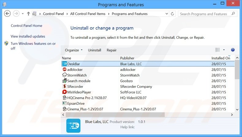 DeskBar adware uninstall via Control Panel