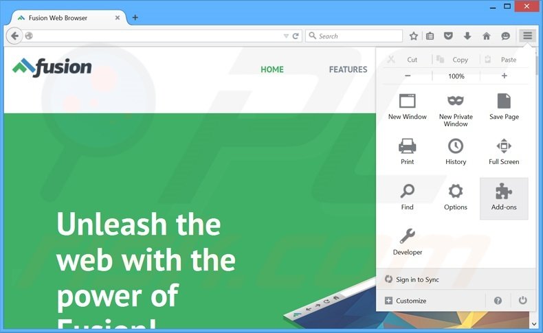 Removing Fusion Browser ads from Mozilla Firefox step 1