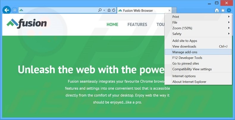 Removing Fusion Browser ads from Internet Explorer step 1